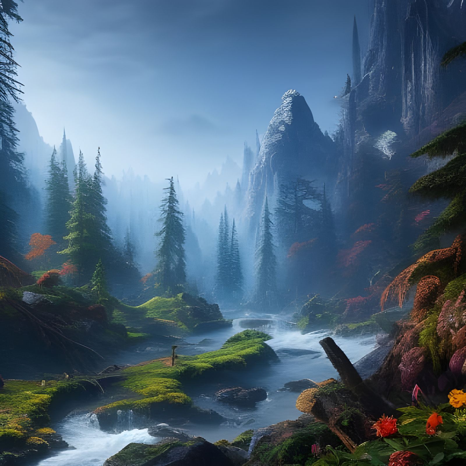 Foggy Mountain Stream in Photorealistic Style
