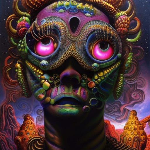 Psychedelic Rock Man in Cosmic Horror Landscape