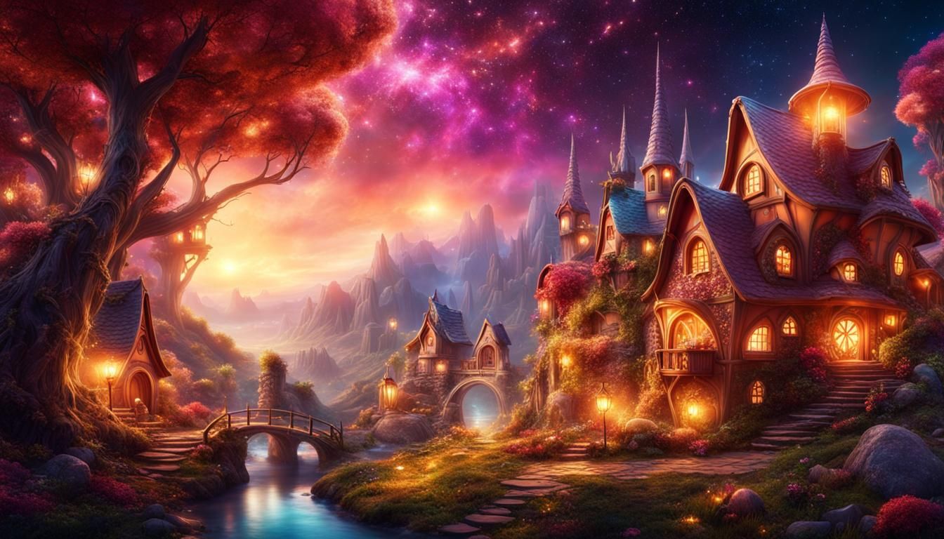 Ethereal Fairy Village in a Warm Fantasy Landscape