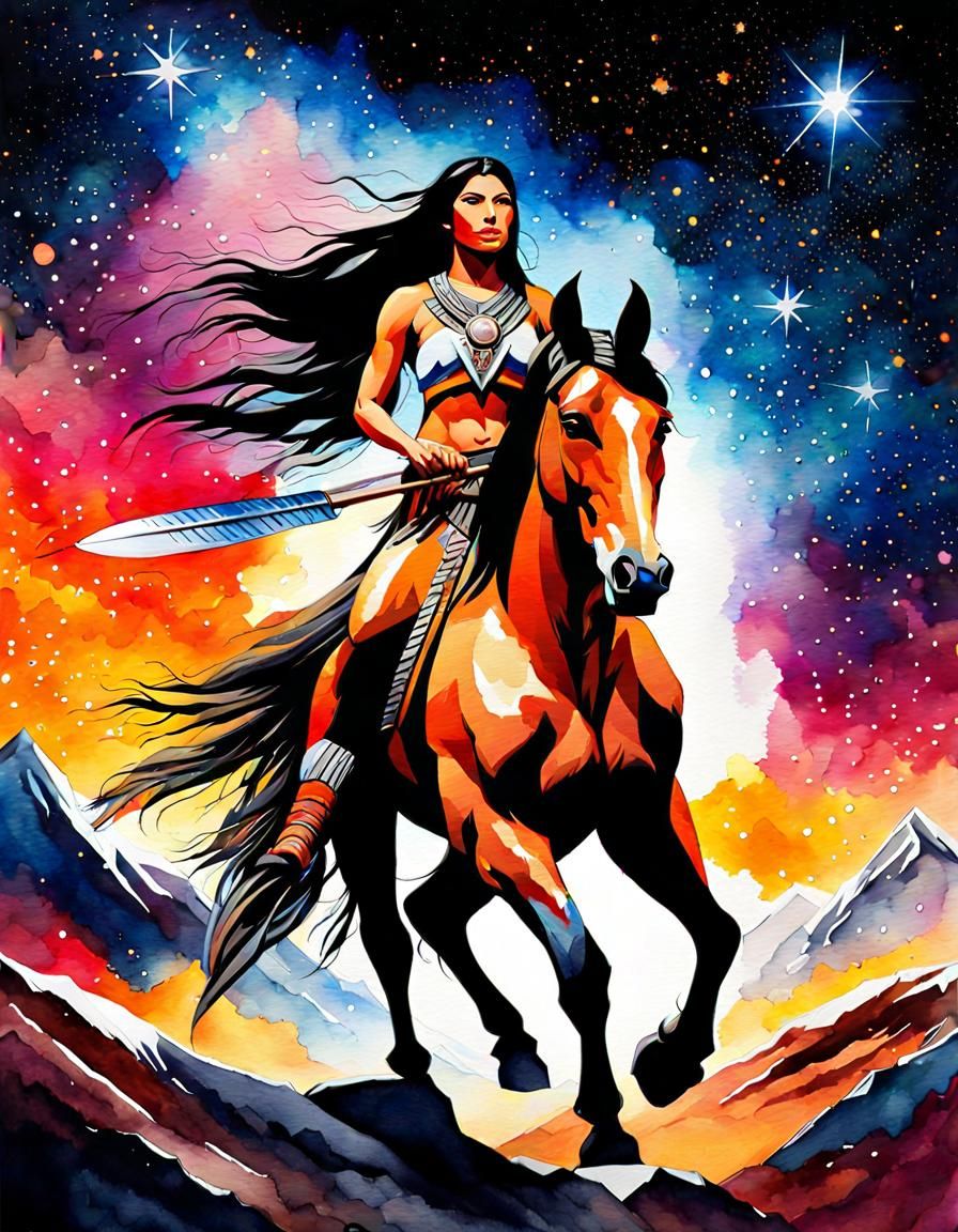 Native women american warrior ride fantasy horse