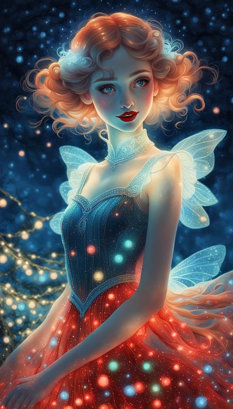 Hologram, bioluminescent dress made of bright glowing colorful fairy lights, moonlit night background, neon glow. Delica...