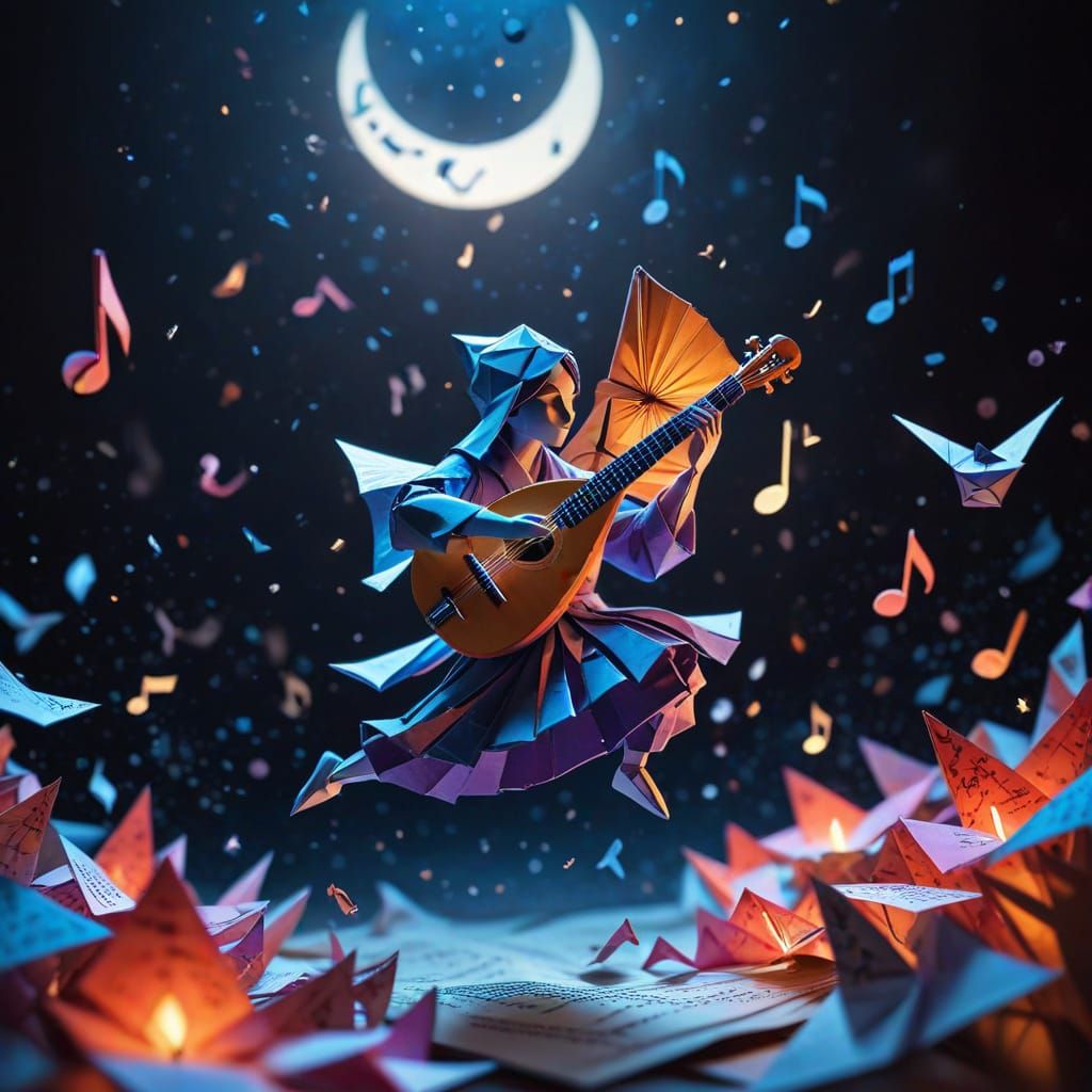 Origami Lute Player Soars Through Moonlit Sky