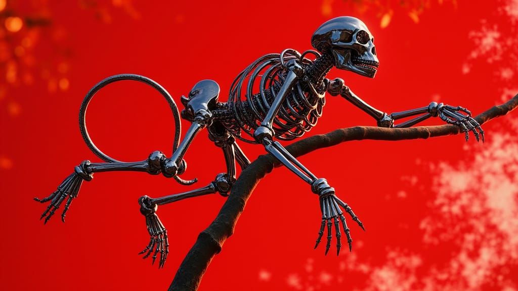 Cyberpunk Monkey Skeleton Leaps from Chrome Tree