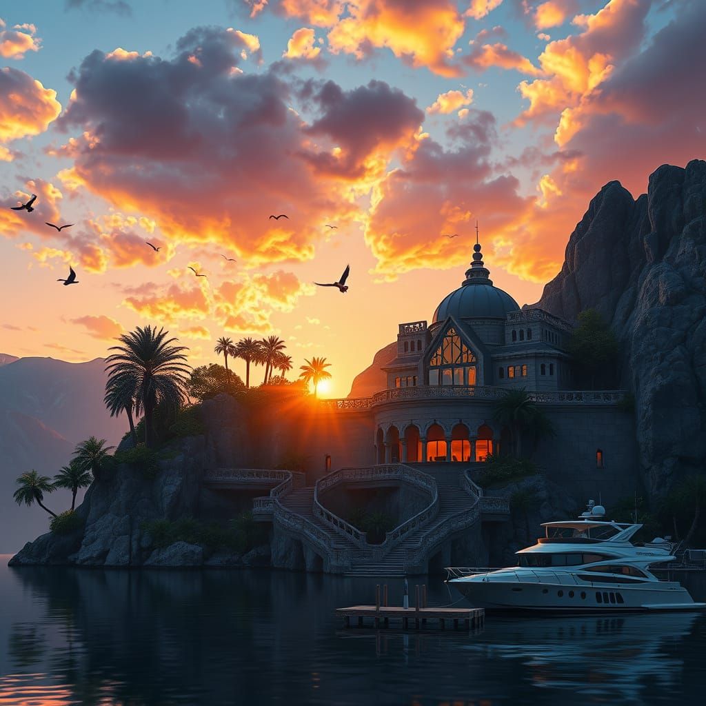 Majestic Palace Sunset Over Lake, Fantasy Concept Art