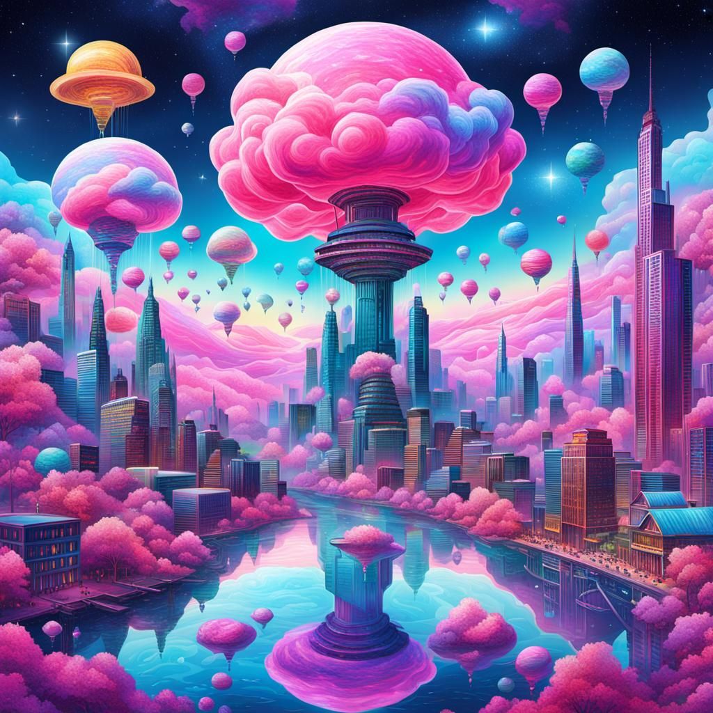 Cotton Candy City: Holographic Astral Illustration