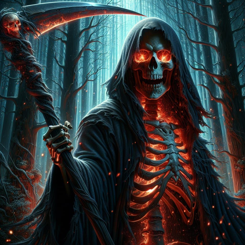 Epic Dark Forest Scene: Burning-Eyed Skeleton with Scythe