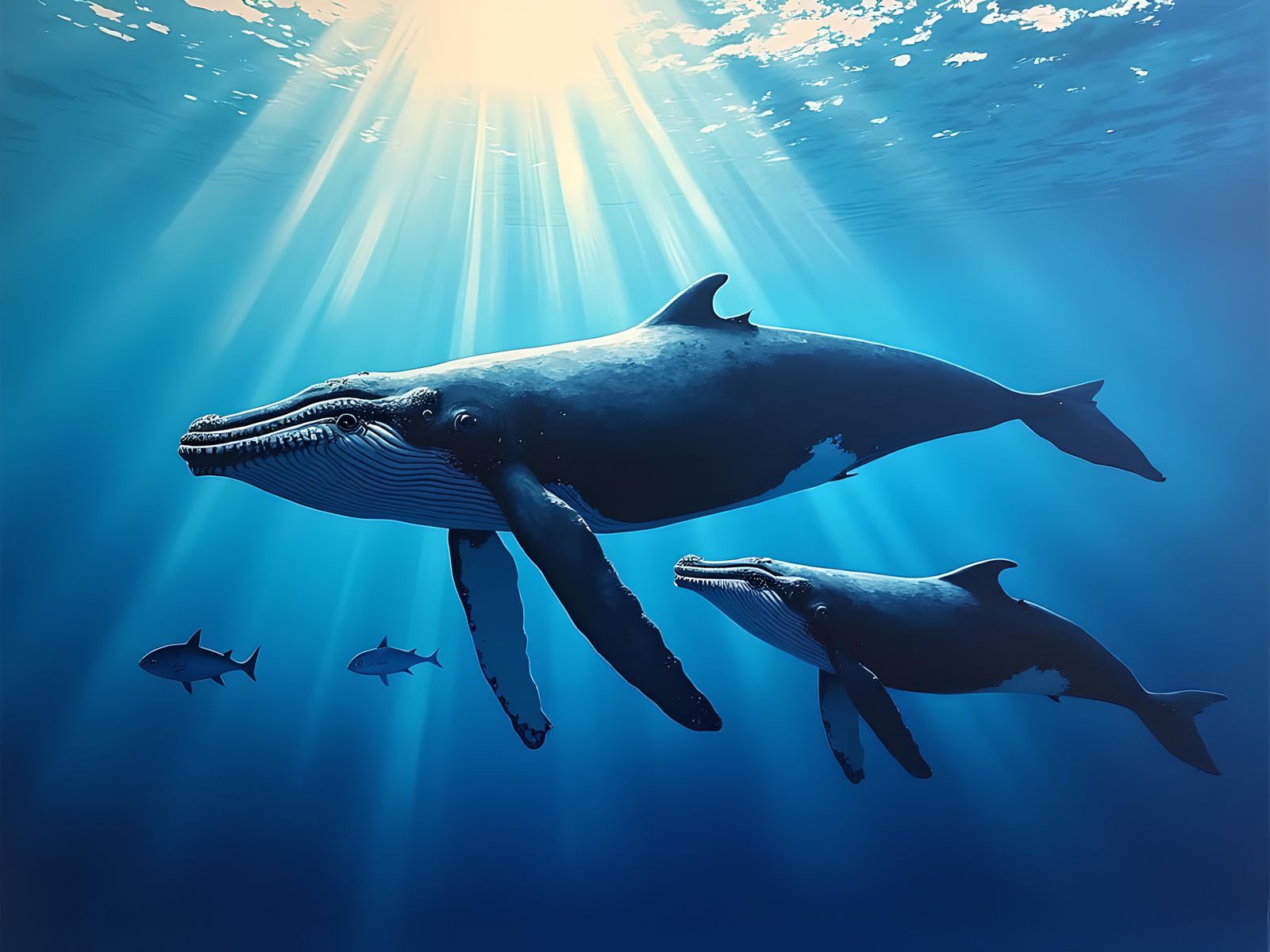 Humpback Whales in Underwater Paradise: Gouache-Style Painti...