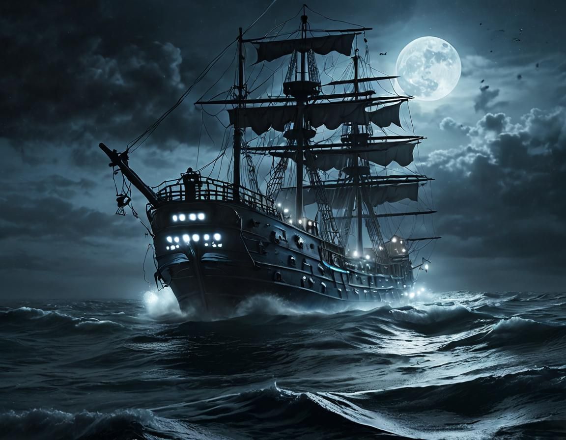 Ghost Ship on Wild Sea in Cinematic Style