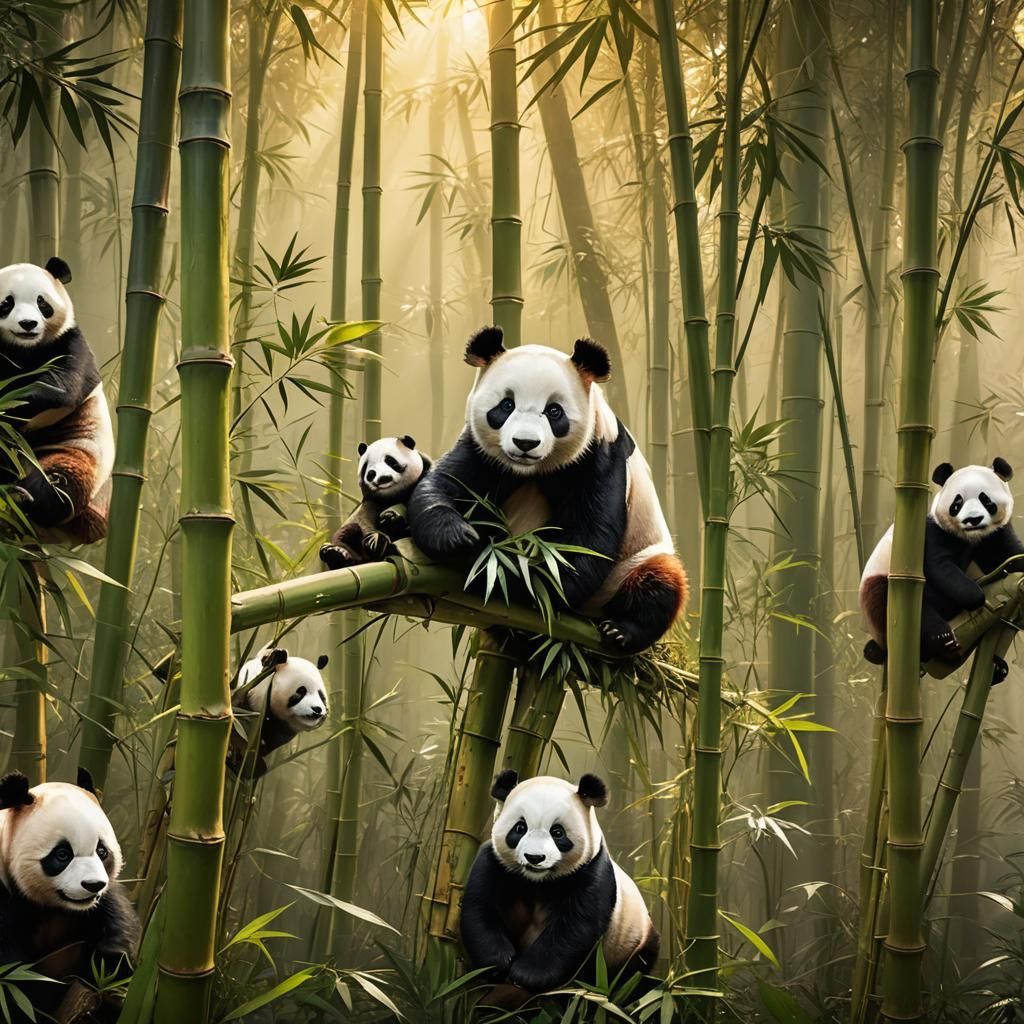Panda Family in Sunlit Bamboo Forest: Digital Matte Painting