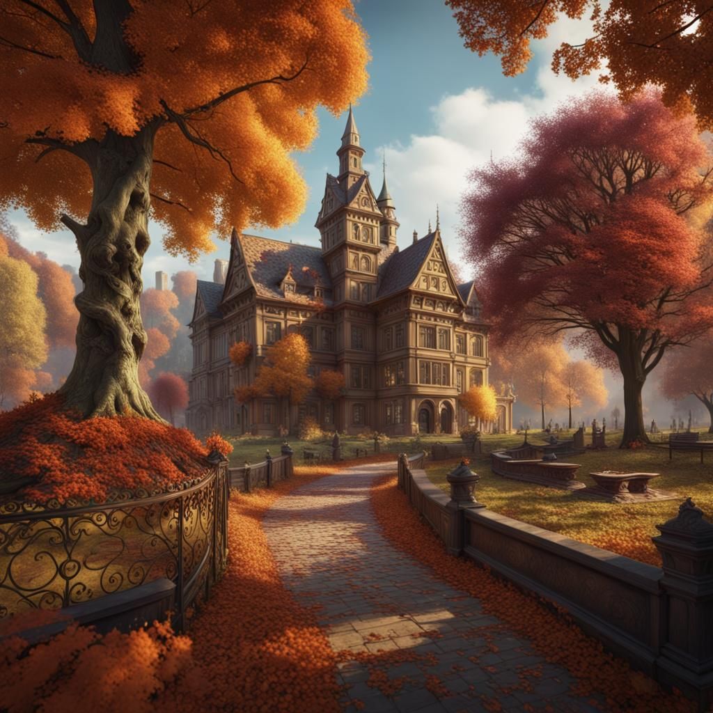 Autumn Scene: Old Woman on Park Bench