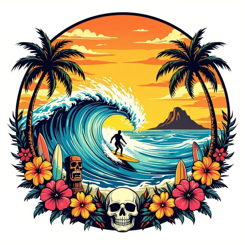 Surfer on Perfect Wave in Vibrant Vector Art Style