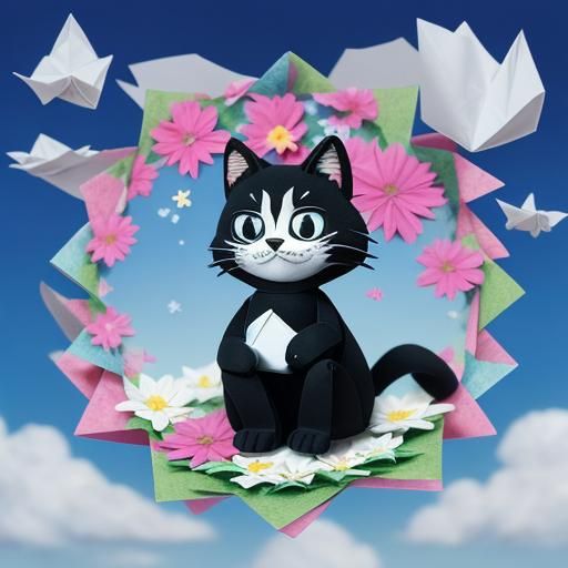 Felix the Cat in Origami Style with Flowers