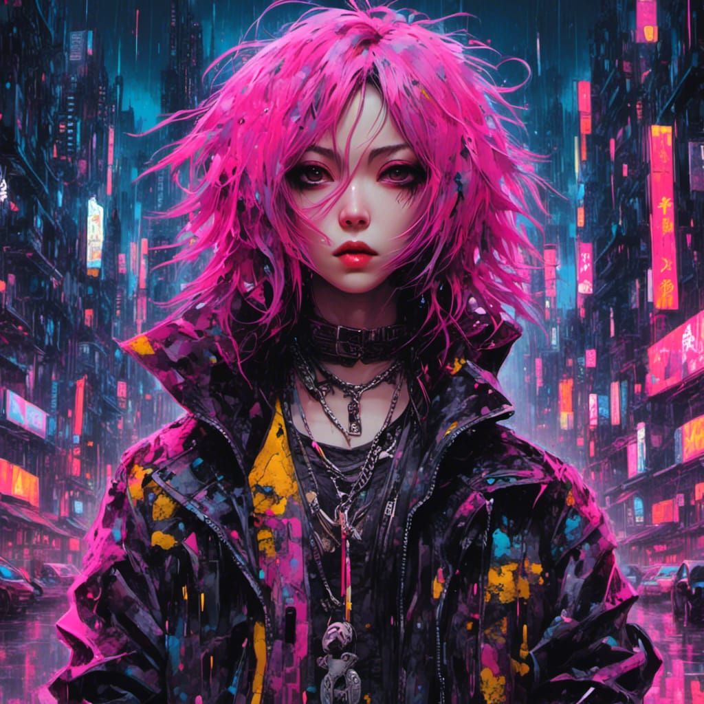 Gothic Punk Cyborg in Neon Cyberpunk City