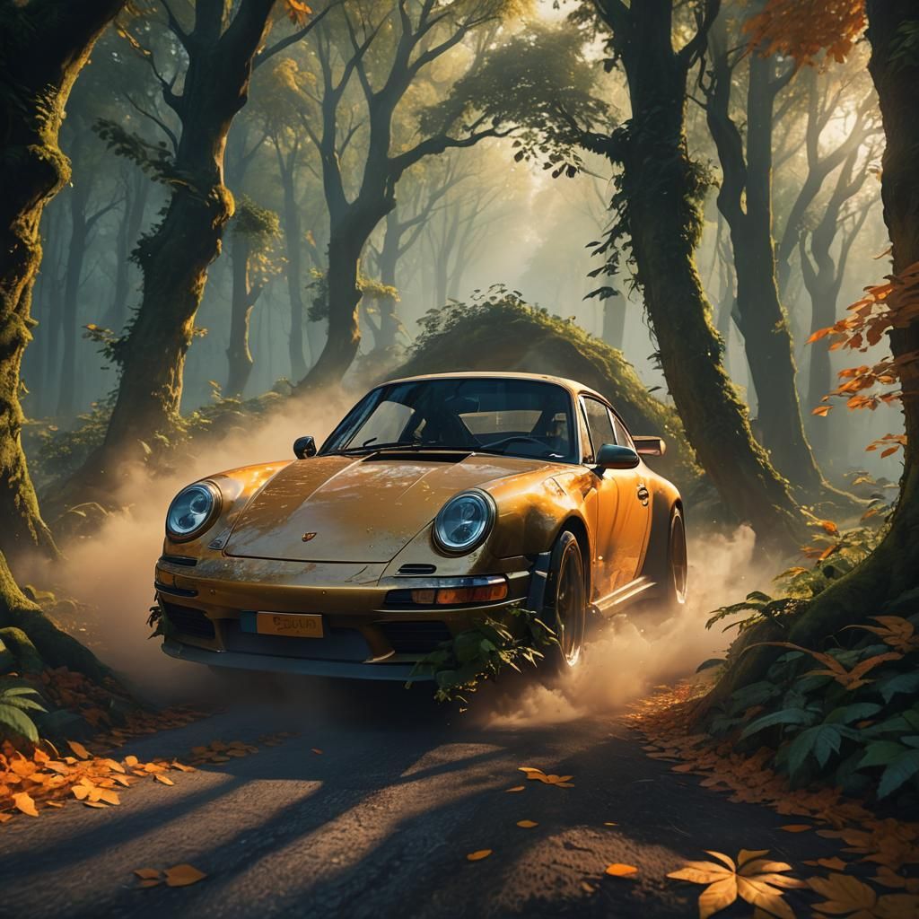 Porsche 911 Speeding Through Mystical Forest