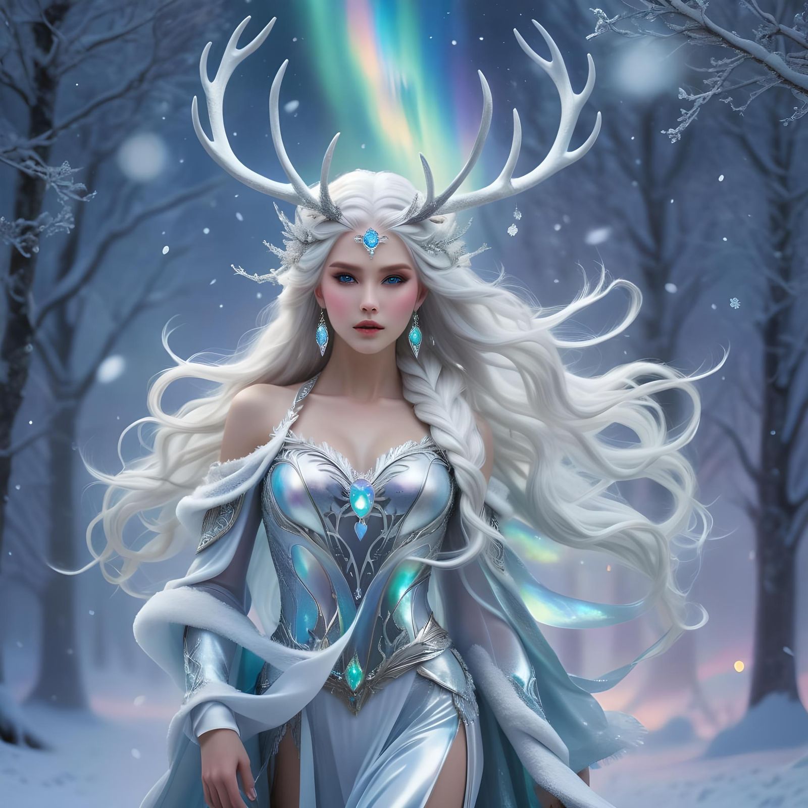 Snow Goddess with Frost Antlers and Aurora Borealis
