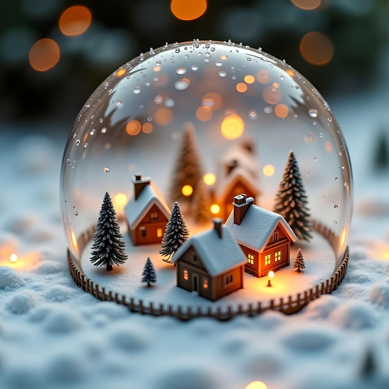 Whimsical Snowglobe Christmas Village in Warm Golden Light