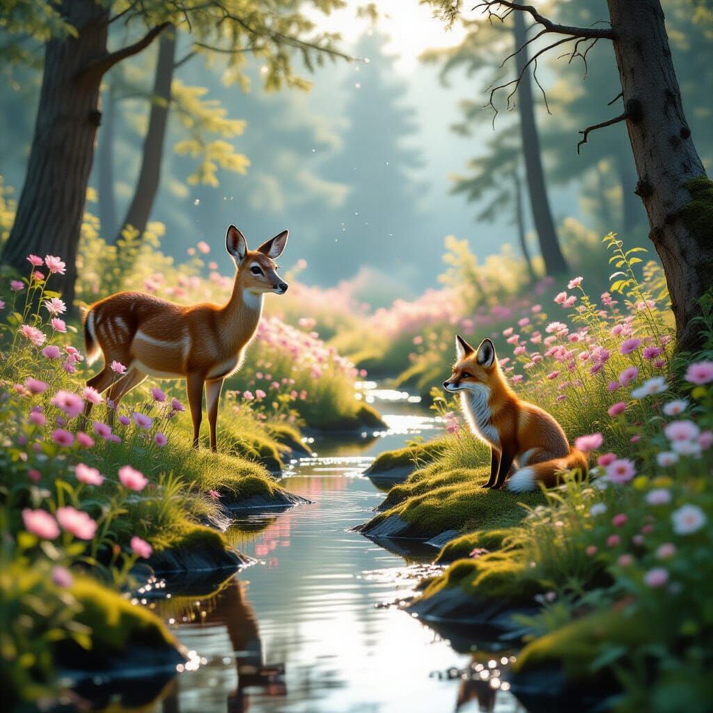 Forest Clearing with Wildflowers and Wildlife in Morning Lig...