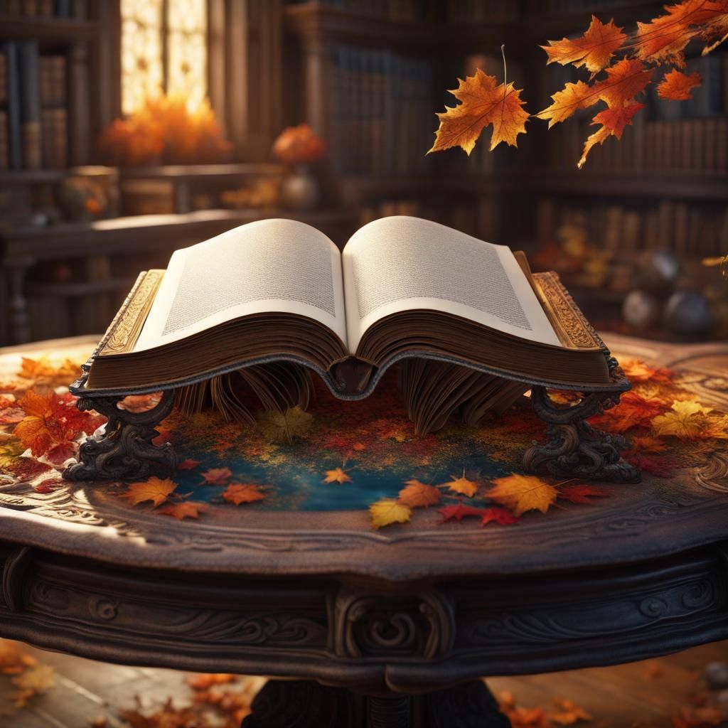 an open book on an ornate table, where the pages burst to li...