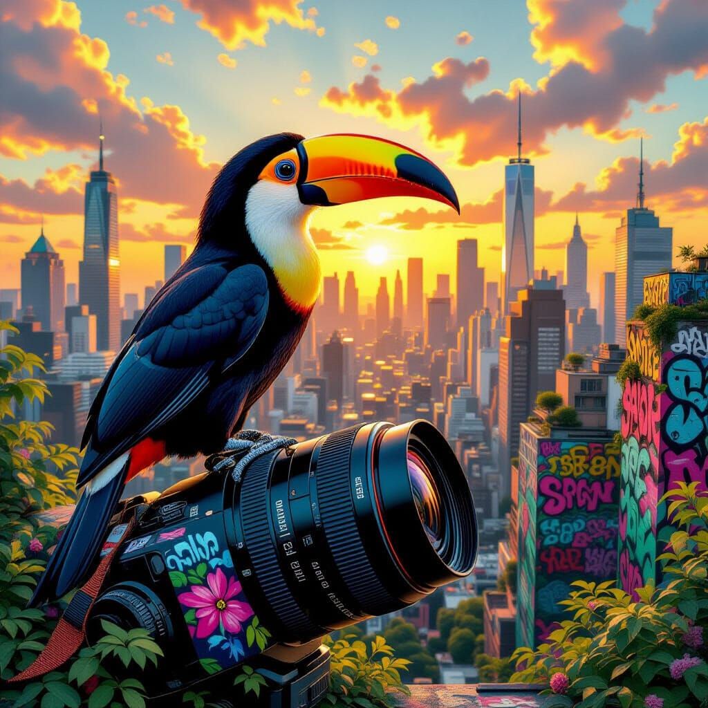 Graffiti Toucan Perched on Camera Lens at Sunset
