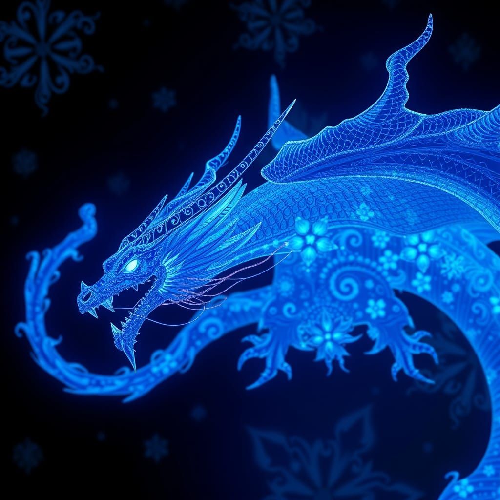Bioluminescent Dragon with Blue Filigree Design