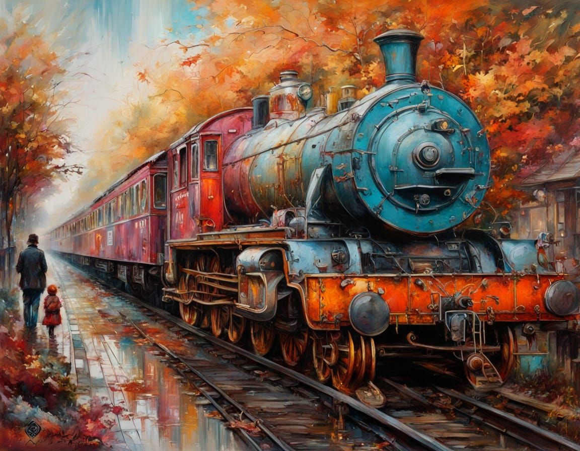 Autumn Train Station in Impasto Oil Painting