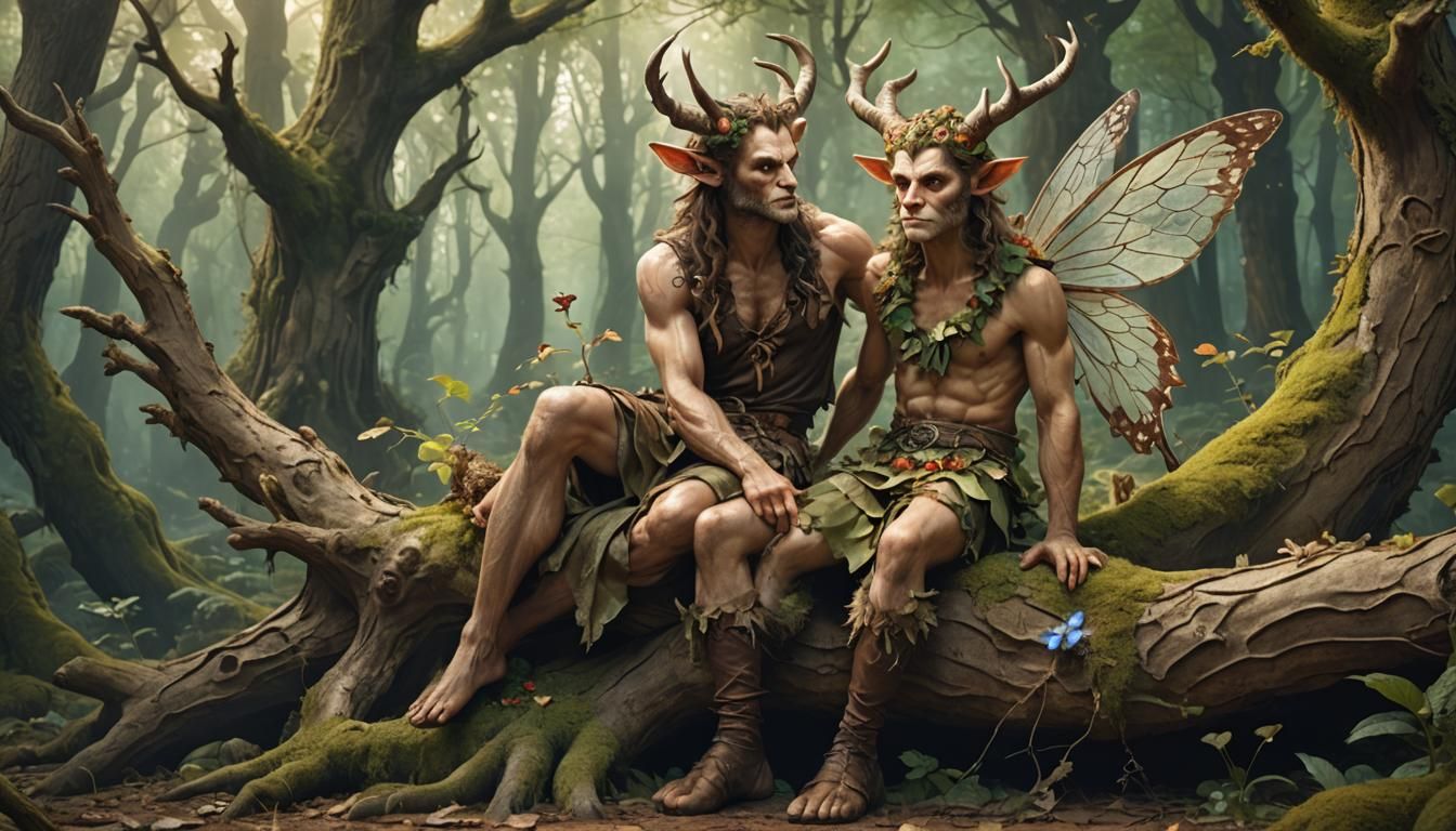 Satyr and Fairy in Enchanted Forest Fairytale