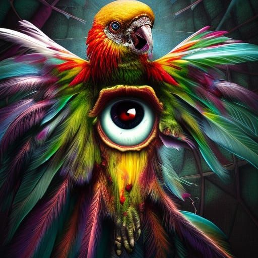 Zombie Parrot in Flight with Glass Eyeball