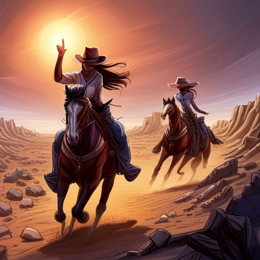 Cowgirls on Desert Adventure in Comic Book Style