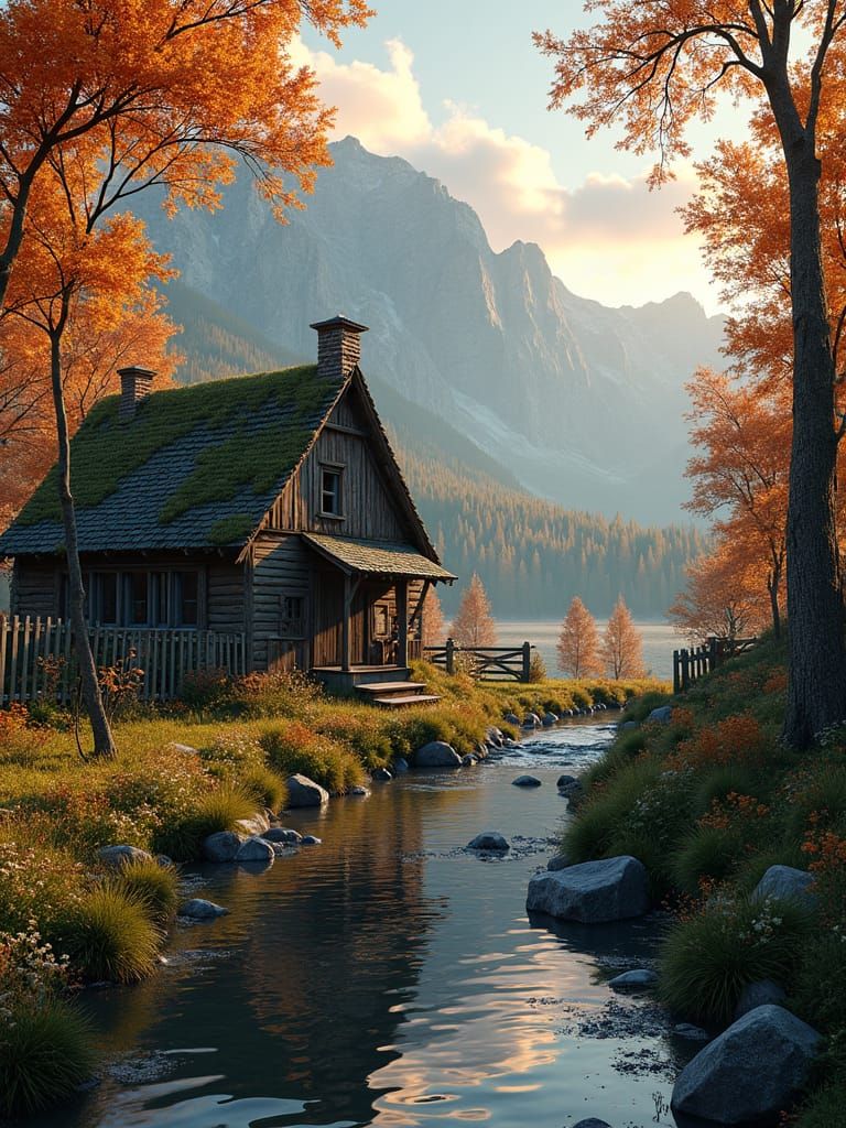 Rustic House by Stream in Autumn Landscape