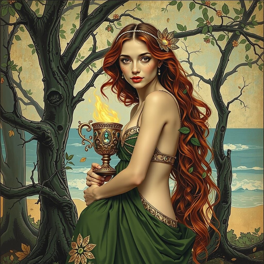 Ethereal Woman with Chalice in Art Nouveau Style