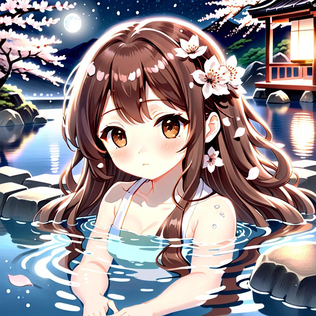 Chibi Anime Girl Relaxing in Onsen