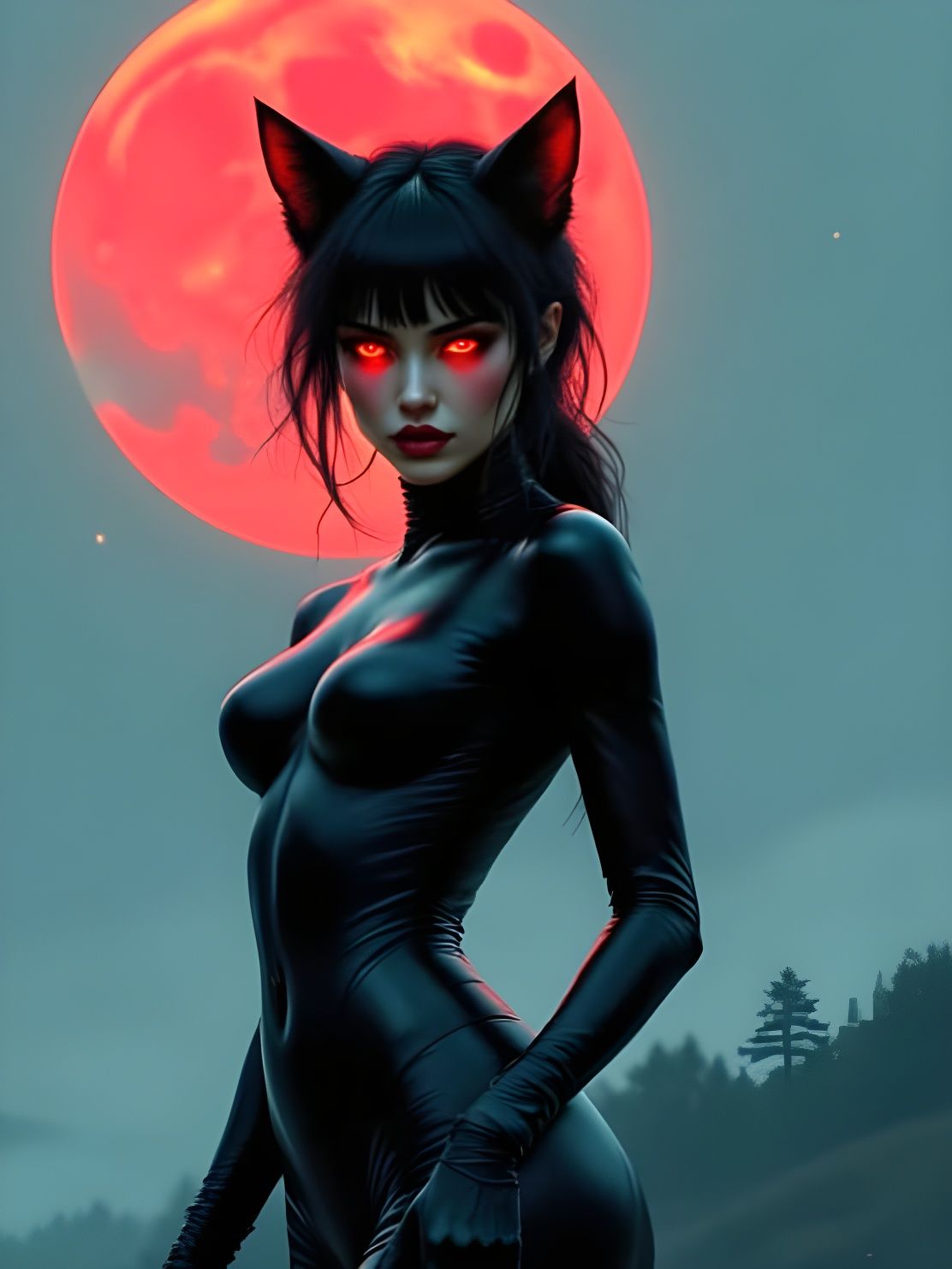 Feline Femme Fatale Under Moonlit Fog in Sci-Fi Style