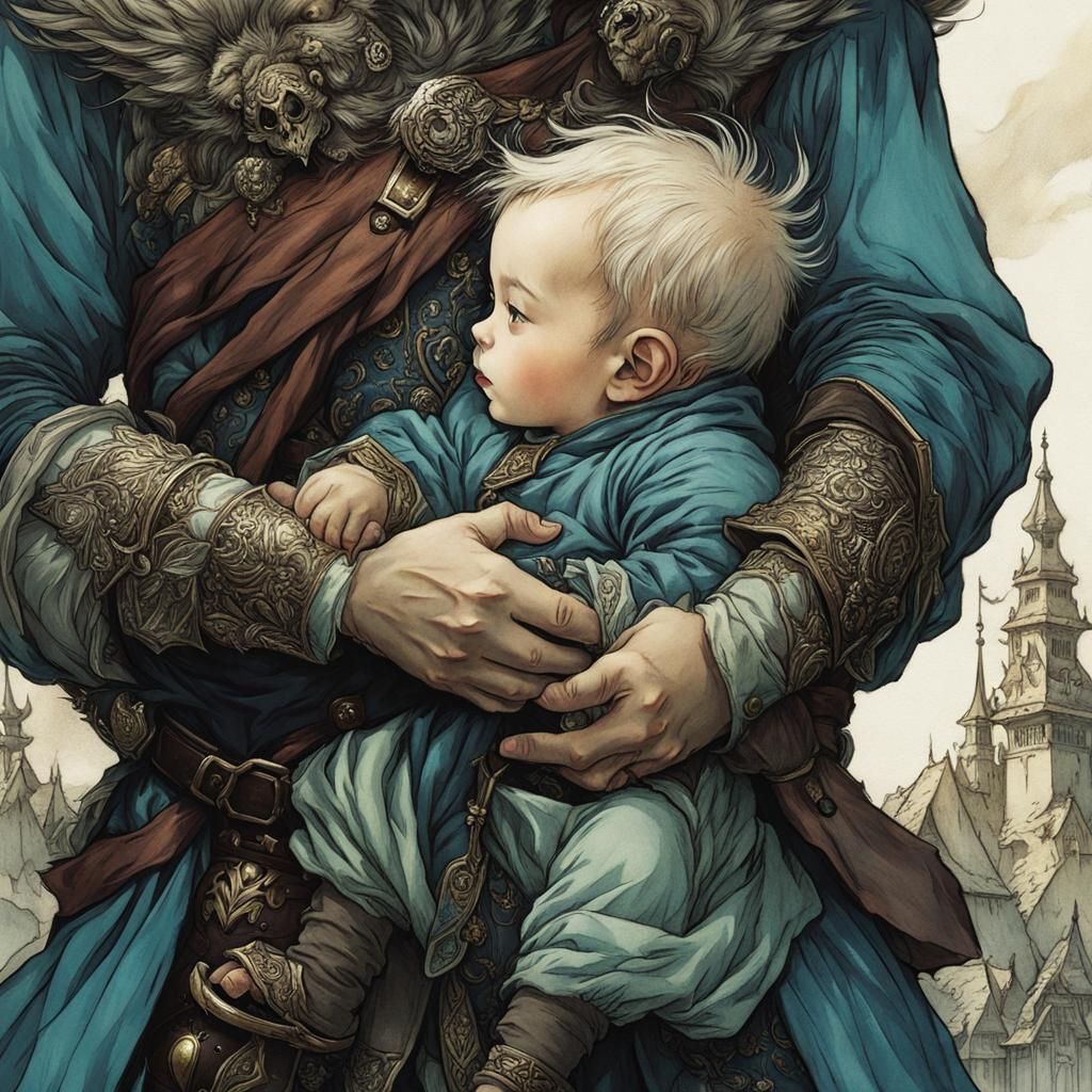 Baby Held by Man in Arthur Rackham Style