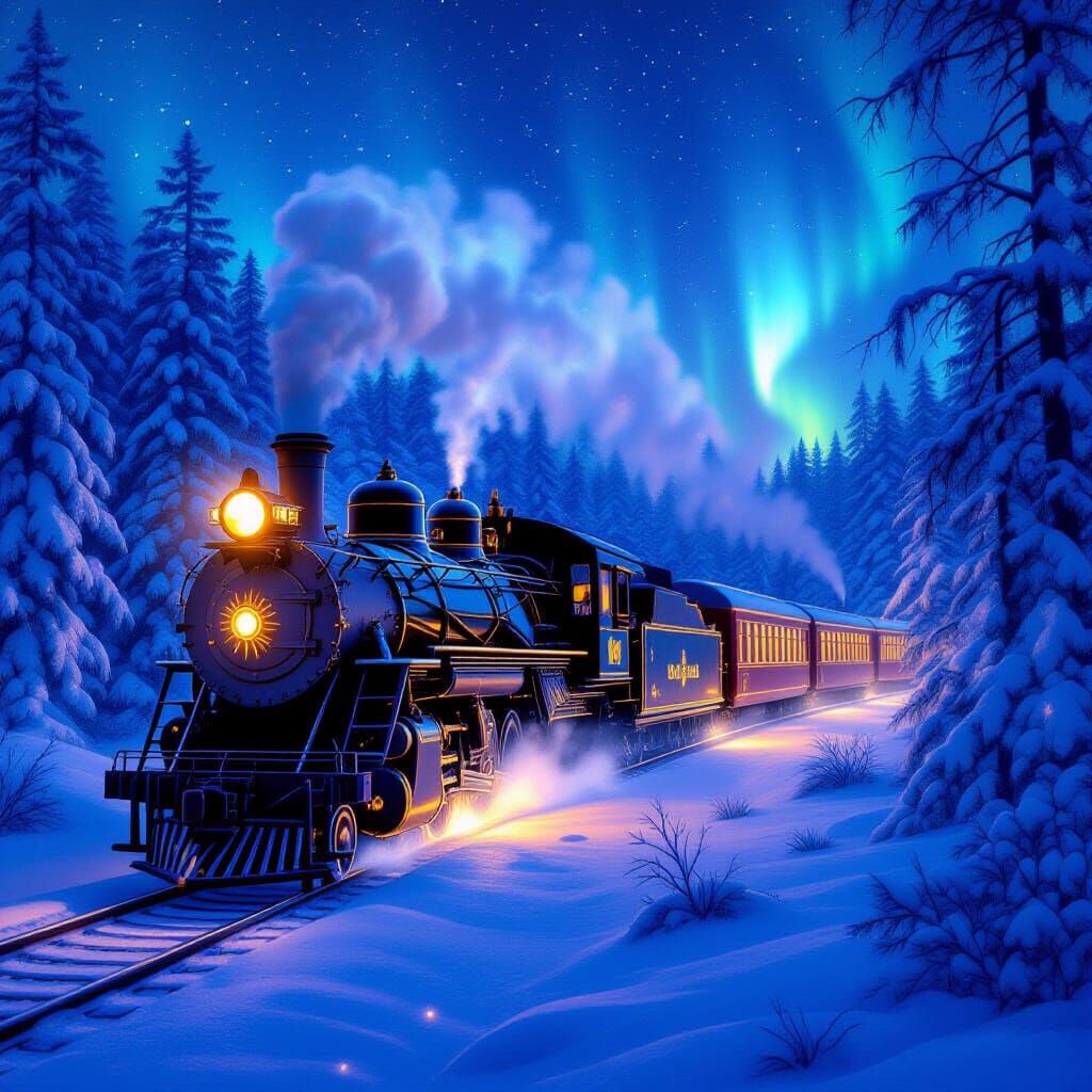 Fantasy Winter Train Journey Through Magical Forest
