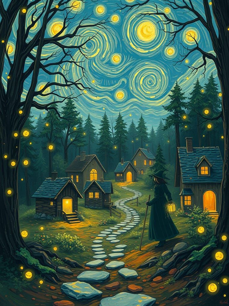 Whimsical Village in Enchanted Forest, Anime Style