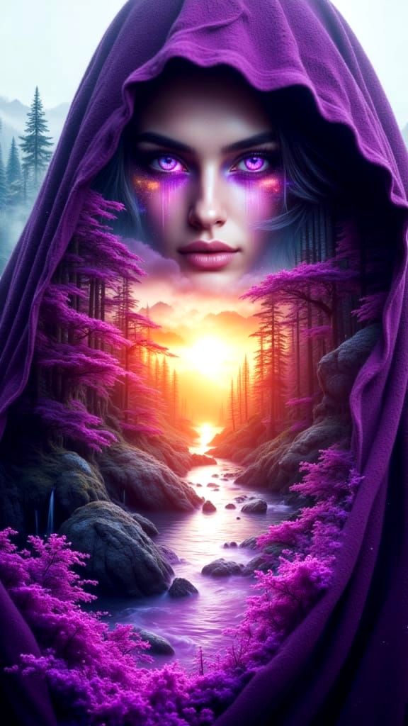 Surreal Double Exposure: Woman, Landscape, and Ocean