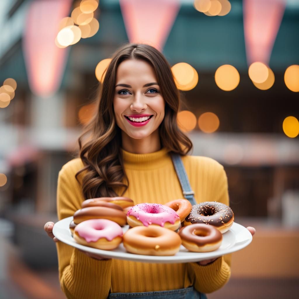Smiling Woman Holding Donuts and Hot Dogs