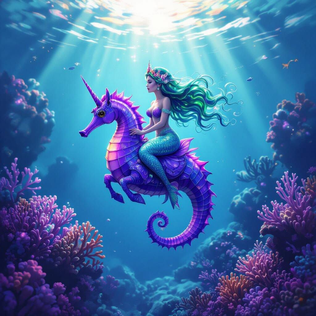 Mermaid Riding Purple Seahorse in Bioluminescent Reef