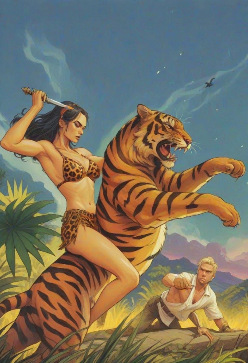 Leopard Bikini Woman Attacks Tiger in Jungle