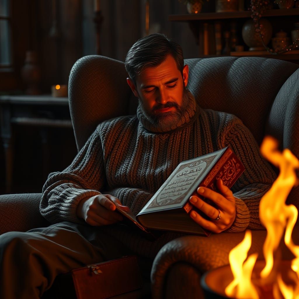 Man Reading Quran by Fireplace in Winter Evening