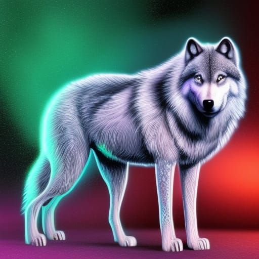 Neon Cosmic Timber Wolf: Holographic Astral Illustration