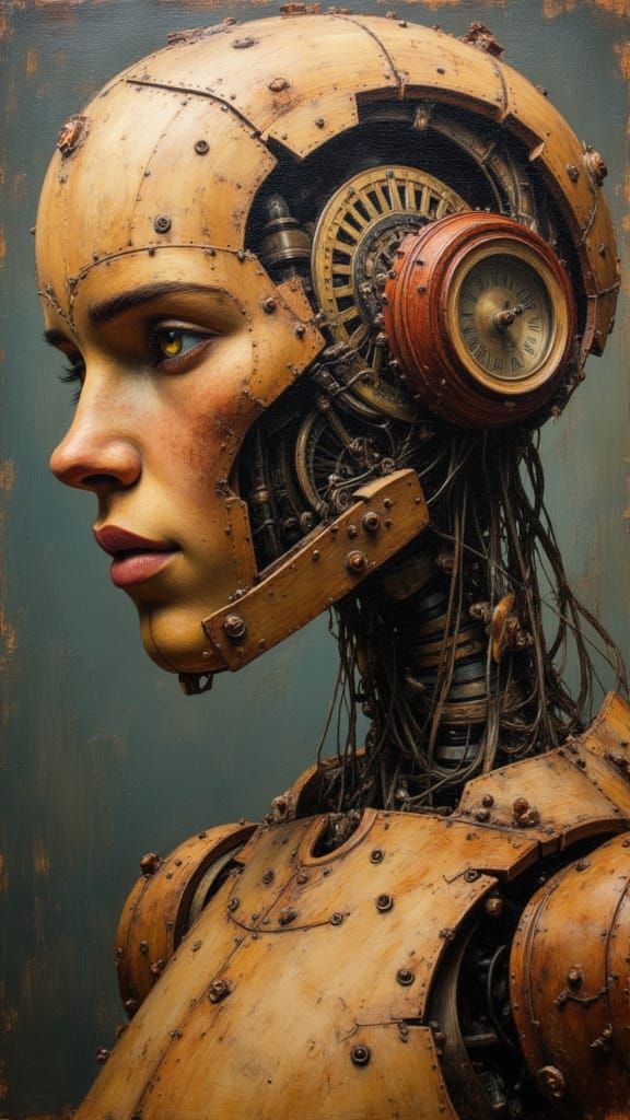 Wooden Robot Portrait with Clockwork Face as Impasto Oil Pai...