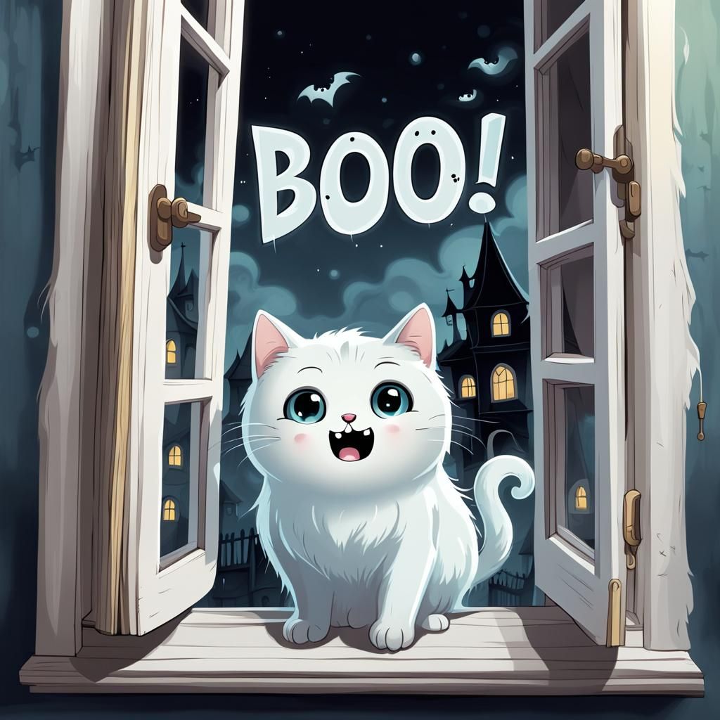Spooky Ghost Cat Peeks Out of Haunted House Window