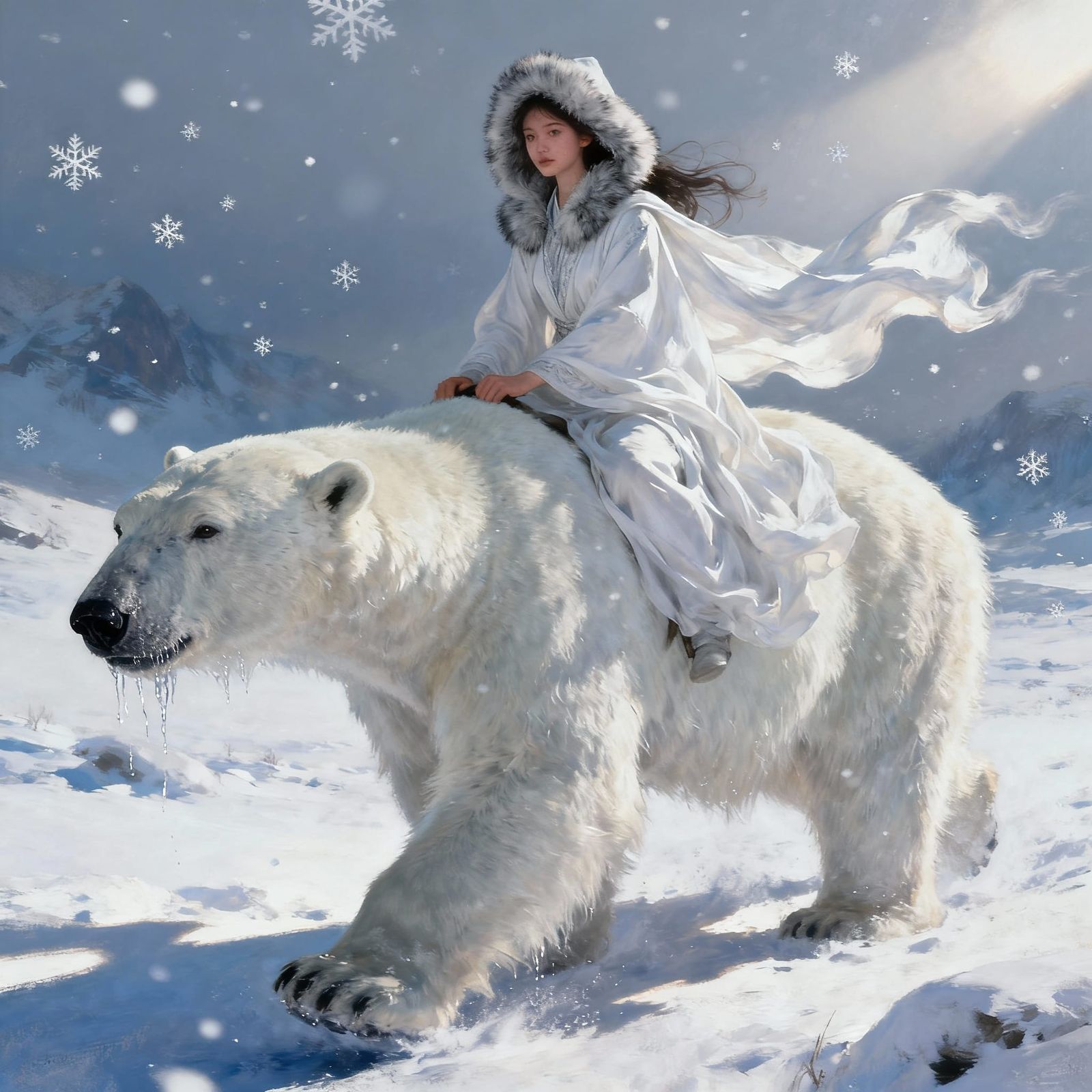 Woman Rides Polar Bear Through Snowy Landscape