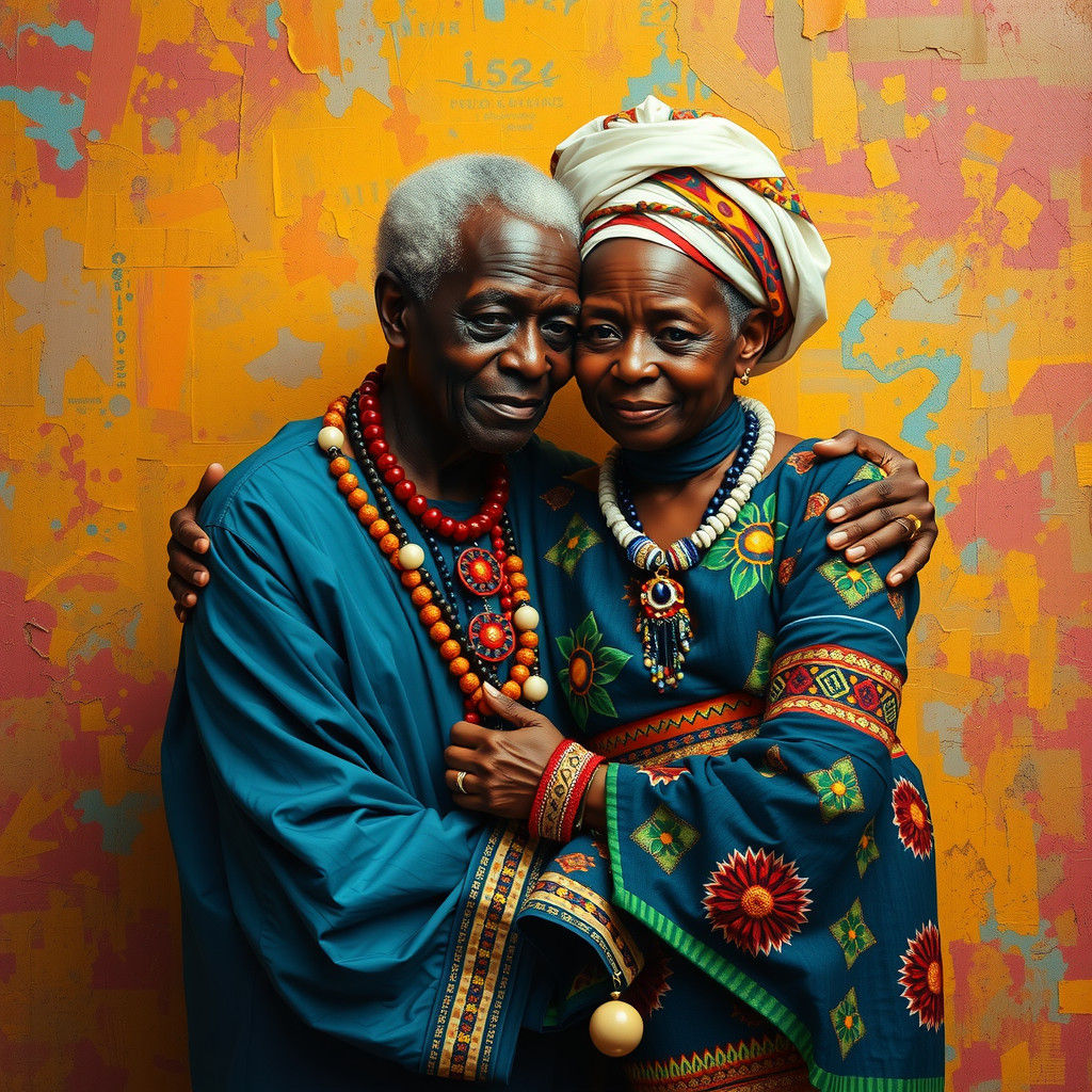 Elderly Couple's Warm Embrace: Folk Art Portrait