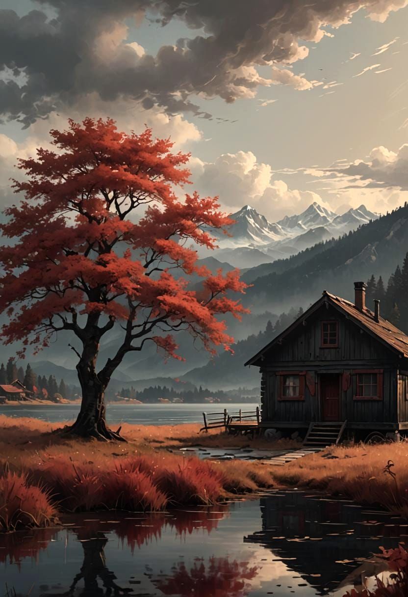 Autumn Landscape with Red Tree and Wooden House