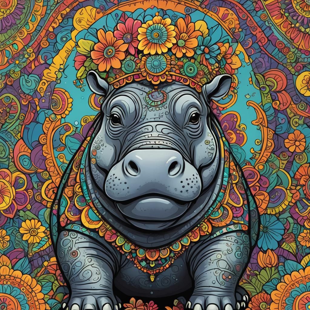 Psychedelic Cartoon Hippo in Hippie Headdress