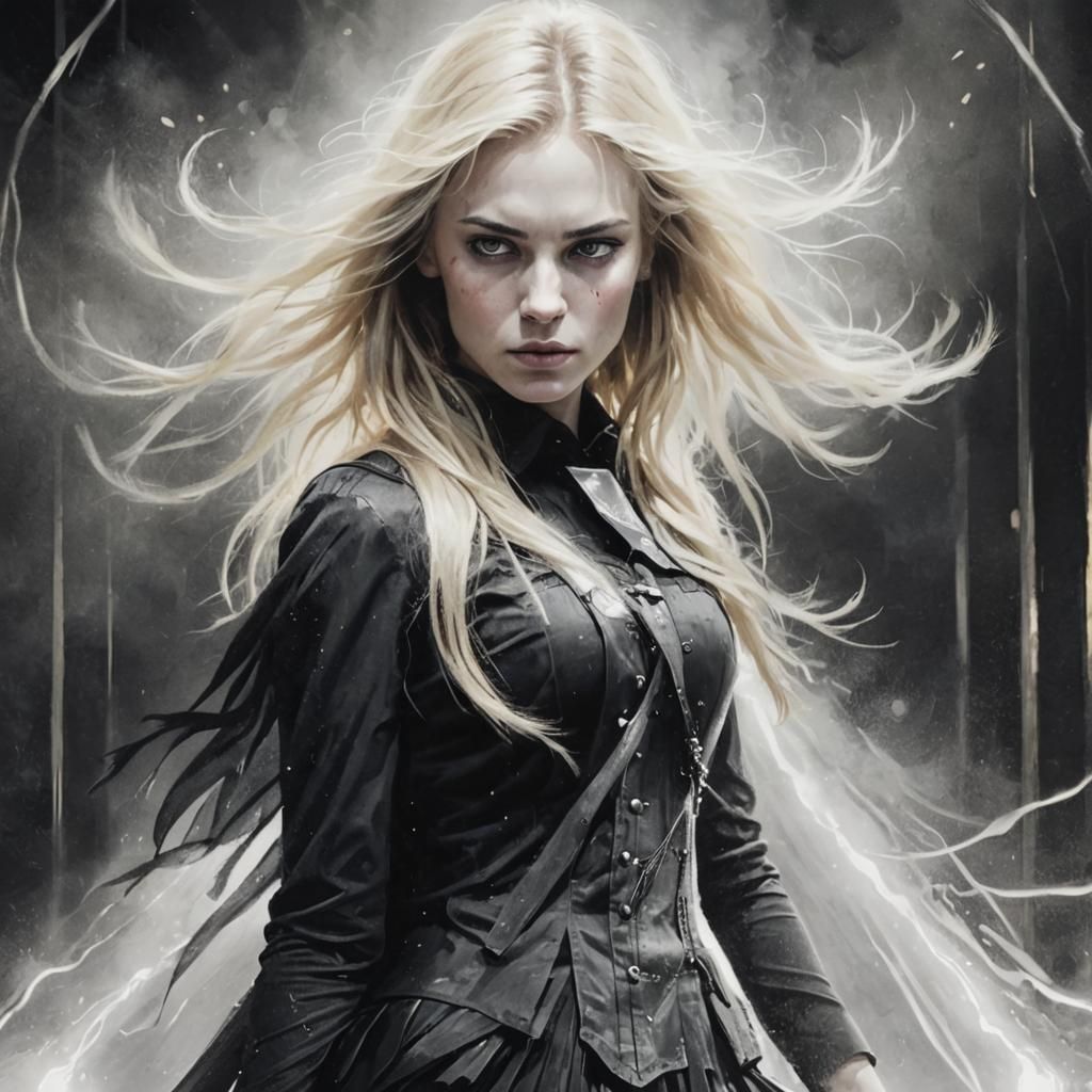 Blonde Woman Plays Guitar on Stage in Digital Art