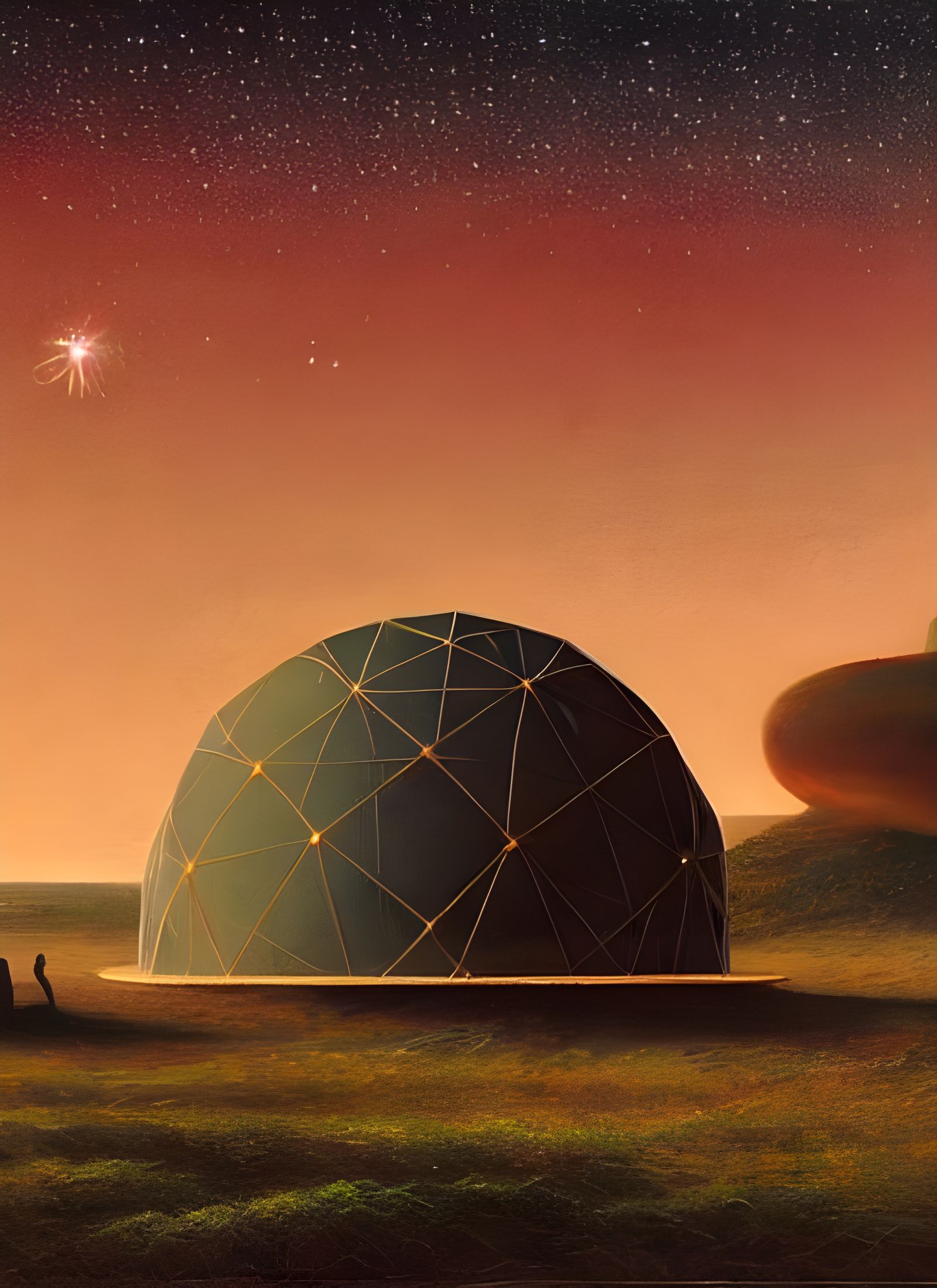 Luminescent Geodesic Dome in Red Landscape