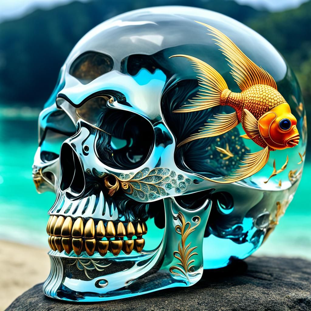 Ornate Crystal Skull with Golden Fish